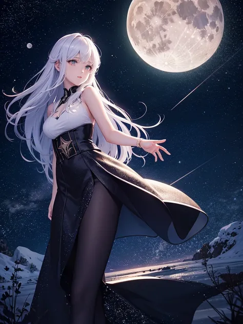 Night scenery with moon, A bright moon in the sky, estrelas, anime scenery,  with ultra-realistic lines and details in high definition.