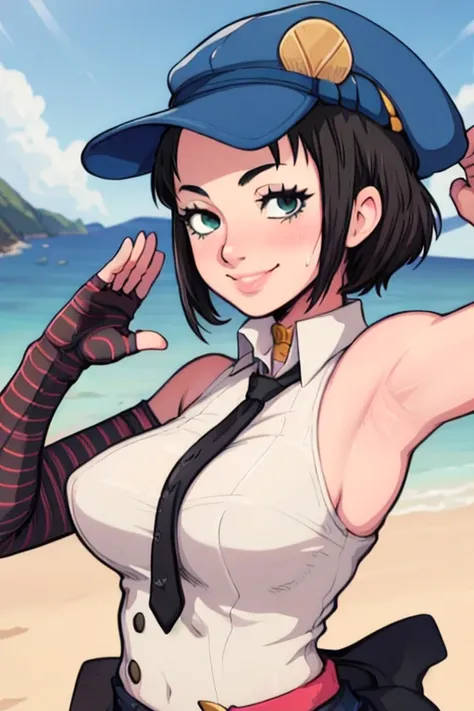 masterpiece, best quality, marie persona 4, looking at viewer, large breasts, upper body, portrait, seductive smile,both hands raised, armpits, armpits visible, sweaty armpits, backround on beach, wearing hat