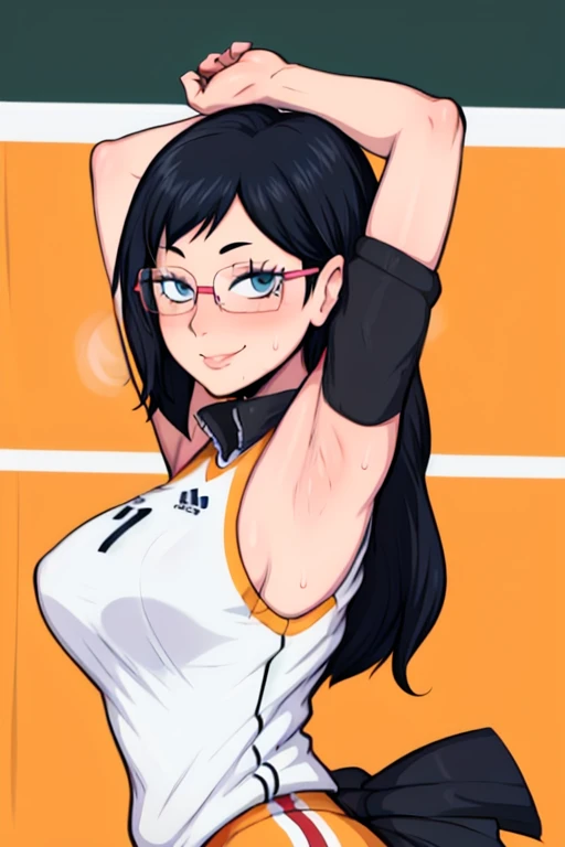 masterpiece, best quality, shimizu kiyoko looking at viewer, black hair, blue eyes color, large breasts, upper body, portrait, looking at viewer, seductive smile,both hands raised, armpits, armpits visible, sweaty armpits, wearing volleyball uniform, weari...