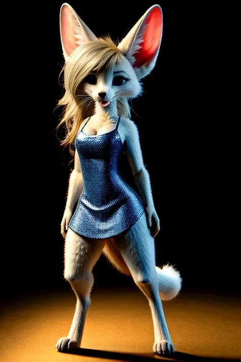 (white fur:1.2), short slim skinny adult female digitigrade fennec, medium breasts,  BREAK whiskers, black lips, black nose, BREAK big bright teal eyes, BREAK long wavy platinum blonde hair, waist length hair, messy hair, [:white highlights:18], BREAK ligh...