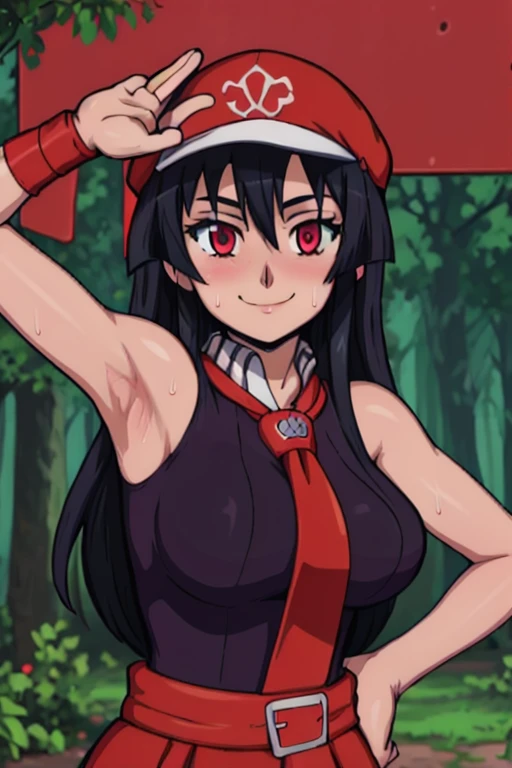 masterpiece, best quality, akame, looking at viewer, large breasts, upper body, portrait, looking at viewer, seductive smile,both hands raised, armpits, armpits visible, sweaty armpits, background on forest