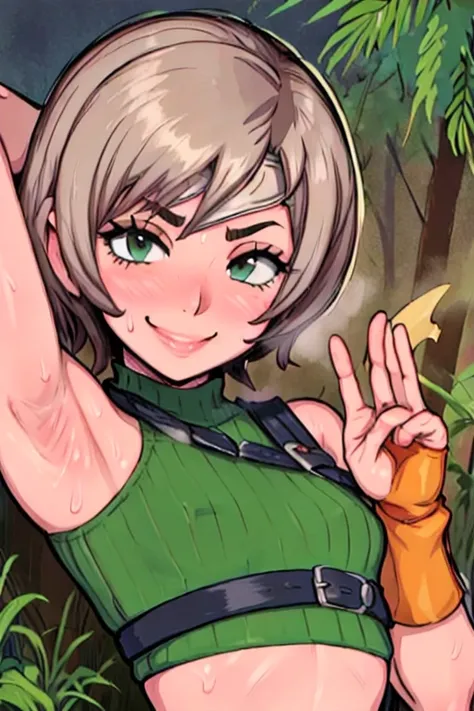 masterpiece, best quality, yuffie, looking at viewer, small breasts, upper body, portrait, looking at viewer, seductive smile,both hands raised, armpits, armpits visible, sweaty armpits, background on forest