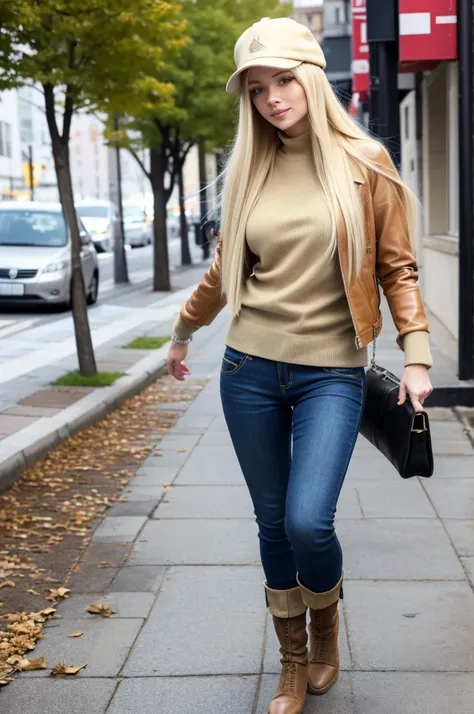 A beautiful, gorgeous croatian woman, super long straight blonde hair, she is wearing a urban outfit, leather jacket, skinny denim trousers, a beige sweater, a newsboy cap and riding boots. Shes walking by sidewalk at 11:00 am.