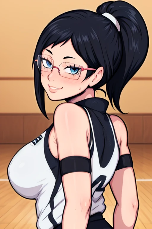 masterpiece, best quality, shimizu kiyoko looking at viewer, black hair, blue eyes color, large breasts, upper body, portrait, looking at viewer, seductive smile,both hands raised, armpits, armpits visible, sweaty armpits, wearing volleyball uniform, weari...