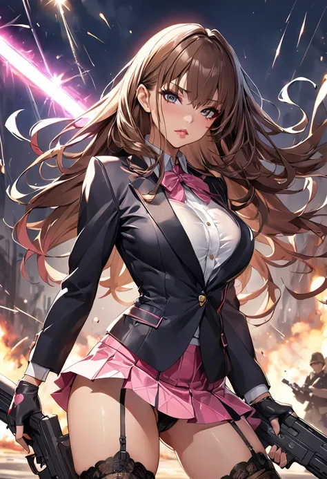 masterpiece、highest quality、Ultra-high resolution、Maximum resolution、Very detailed、Professional Lighting、anime、woman、thin、so beautiful、Sexy Suit、Mini tight skirt、Garter Stockings、High heels，Has an assault rifle、Grey Eyes、Brown Hair、long hair、Fingerless Glo...