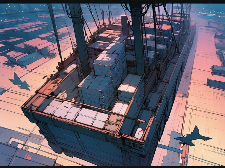 ((Masterpiece, Best Quality, 2d, anime)), cinematic, night: 2, port, background, ships, crates, birds eye view,