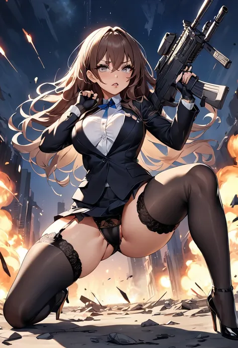 masterpiece、highest quality、Ultra-high resolution、Maximum resolution、Very detailed、Professional Lighting、anime、woman、thin、so beautiful、Sexy Suit、Mini tight skirt、Garter Stockings、High heels，Has an assault rifle、Grey Eyes、Brown Hair、long hair、Fingerless Glo...