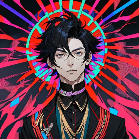 (high-res, vivid colors medium black haired boy with a medium haircut looks at the camera, delicate androgynous prince, beautifu...