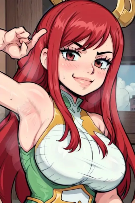 masterpiece, best quality, erza scarlet, looking at viewer, red hair, large breasts, upper body, portrait, looking at viewer, seductive smile,both hands raised, armpits, armpits visible, sweaty armpits,