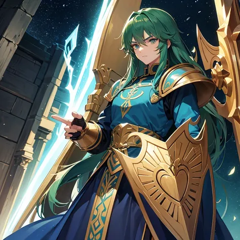 Tall manly man, strong build, long loose ash hair, green eyes, blue shirt, Saint Seiya armor with a shield