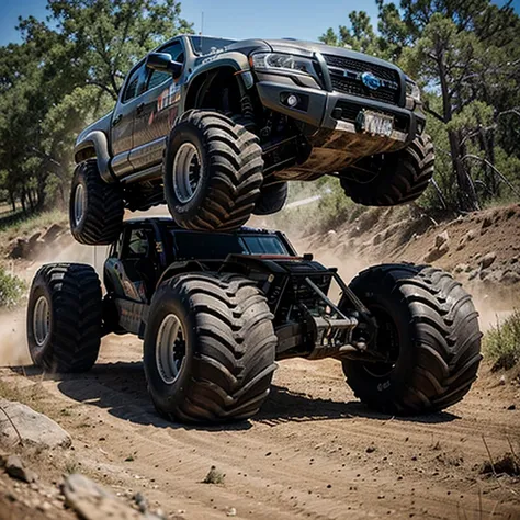 A side view of a monster truck off road with a label that says 4X4 