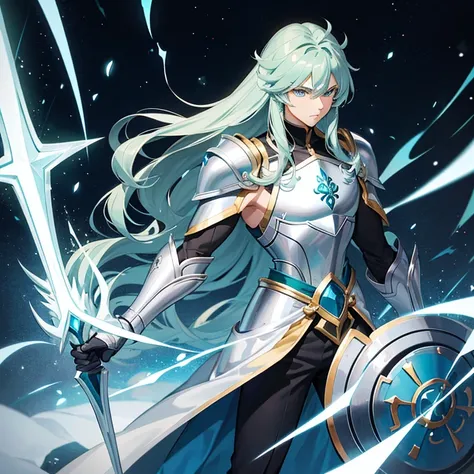 Tall manly man, strong build, long loose ash hair blue, green eyes, blue shirt, Saint Seiya silver armor with a shield