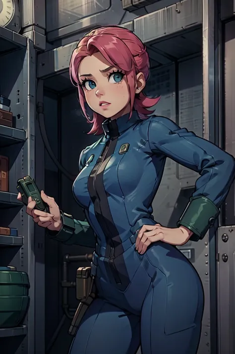 mayl sakurai reimagined as a vault dweller, doing maintenance in an underground vault. her vibrant pink hair stands out against ...