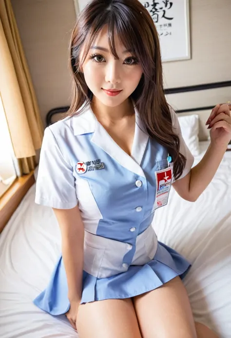 24-years-old，pediatric nurse，japanese，sexy nurse uniform，mini skirt，cleavage，selfie，she sat on the bed、spread your legs and your...