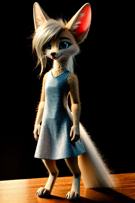 (white fur:1.2), short slim skinny female digitigrade fennec, small breasts,  break whiskers, black lips nose, break big bright ...