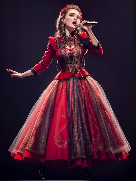 arafed woman in a red dress singing into a microphone, inspired by Miroslava Sviridova, full dress, with a red skirt, ukrainian national costume, full body in shot, carmen sings beautifully, beautiful costume, high quality theatre costume, in a red victori...