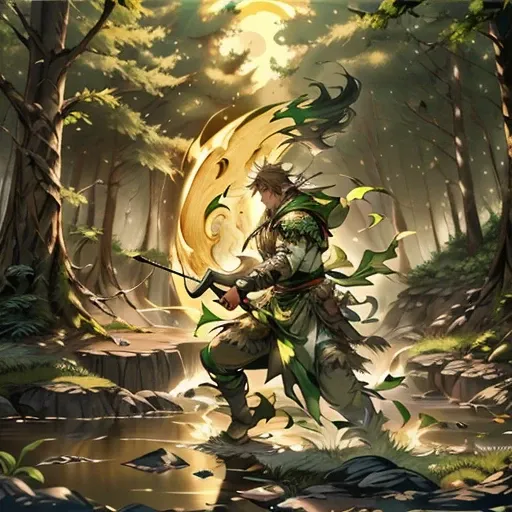 hunter ranger,high dexterity,male,half-elf,sharp-eyed,hunters mark,leather armor,bow and arrow,forest,camouflage cloak,tall and lean figure,graceful movements,hunting skills,tracking expertise,archery proficiency,steady aim,silent footsteps,keen senses,nat...