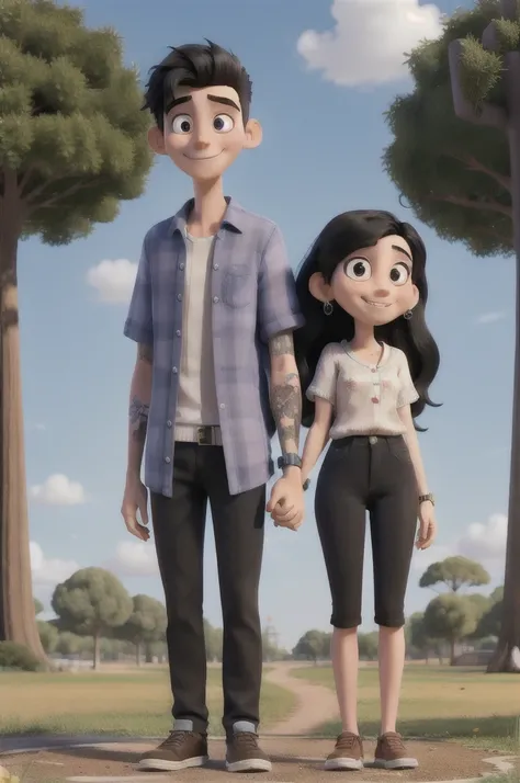 Dibujo animado tipo Disney, happy couple in a park the girl has long straight black hair and is tattooed and has two expansions in her ears the boy is super tall big eyes he has a watch on his left hand he is wearing over size clothes