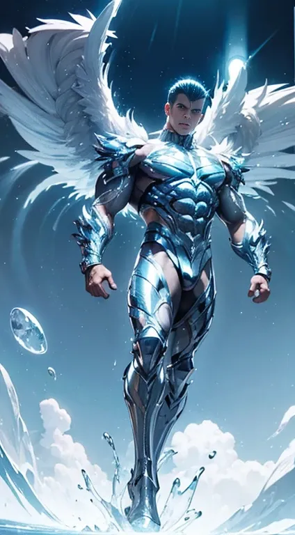 (mid_shot:1.3),(1 male:1.2),(muscle man:1.1),(frontal illumination:1.2),with a silver body and glitters with lights above,extreme iridescent reflection,in the style of vray tracing,vibrantmanga,shiny/ glossy,rococo pastel,fluid form,tinycore,fluid impressi...