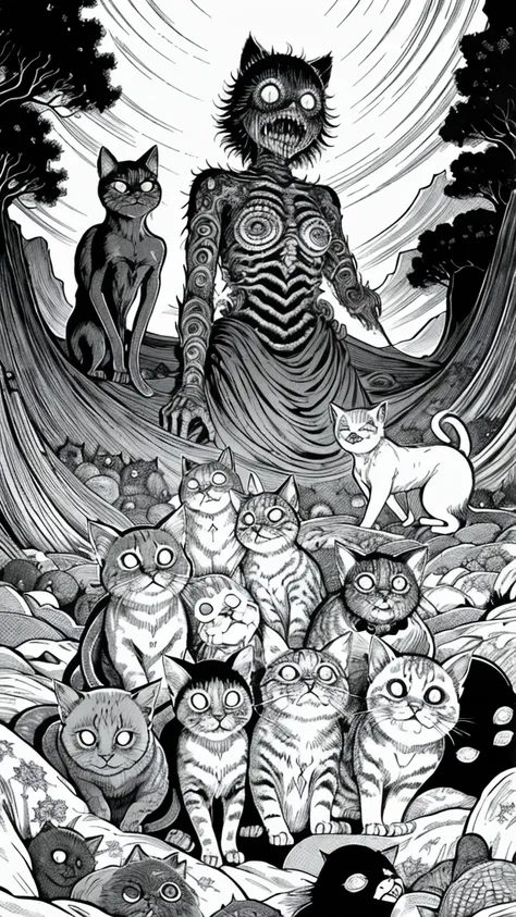 group of creepy cats by junji ito, horror manga, grotesque, creepy, high detail, intricate background, hand drawn, masterpiece