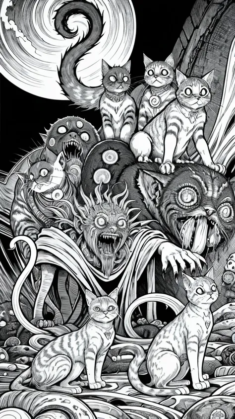 group of devil cats by junji ito, horror manga, grotesque, creepy, high detail, intricate background, hand drawn, masterpiece