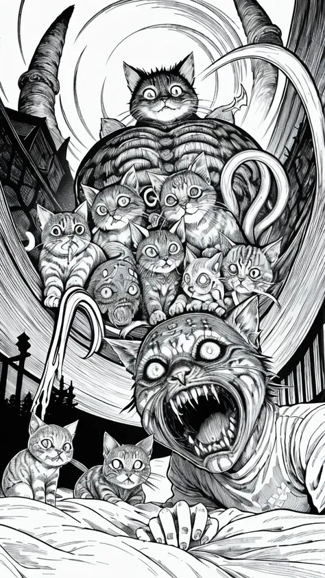 group of devil cats by junji ito, horror manga, grotesque, creepy, high detail, intricate background, hand drawn, masterpiece