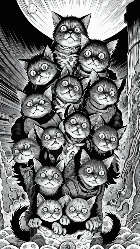 group of devil cats by junji ito, horror manga, grotesque, creepy, high detail, intricate background, hand drawn, high contrast,...