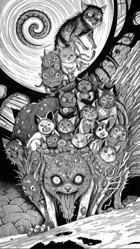 group of devil cats by junji ito, horror manga, grotesque, creepy, high detail, intricate background, hand drawn, high contrast,...