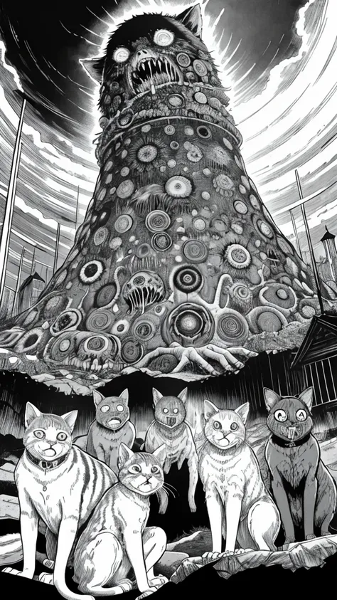 group of stray cats by junji ito, horror manga, grotesque, creepy, high detail, intricate background, hand drawn, high contrast,...