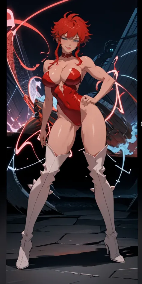 full body standing good face, nice ass, red spiky hair, beautiful woman, wide hips, cleavage, jumpsuit, leotard, heavy boots, apocalypse, muscular, thighs, mature woman, abs, looks at the viewer, lustful smirking smile face red blush