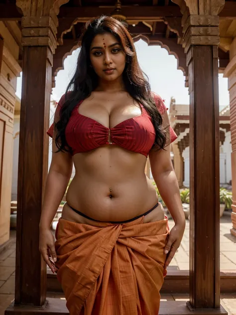 Indian chubby Maharashtrian women wearing traditional saree standing in mandir , sexy navel , big breast , long hairs , make up , dark eyeliner , photorealistic , realism , natural lighting , 8k resolution ,
