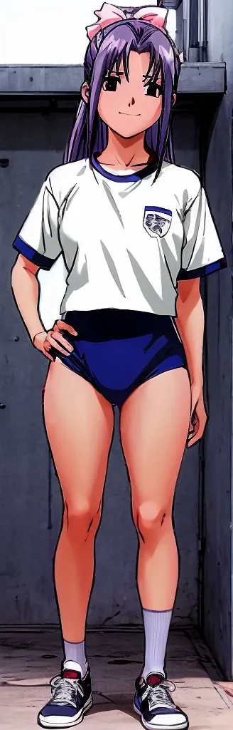 Momoko Koigakubo, a tall girl with beautiful legs, is wearing white gym clothes and light navy blue bloomers that look like panties, and is standing diagonally with her legs spread to the side and smiling.。Mouth open。