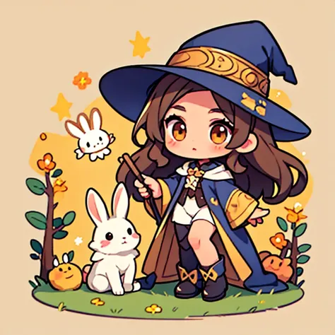 nice little light-skinned witch, brown eyes and brown hair, accompanied by a rabbit, un zorro