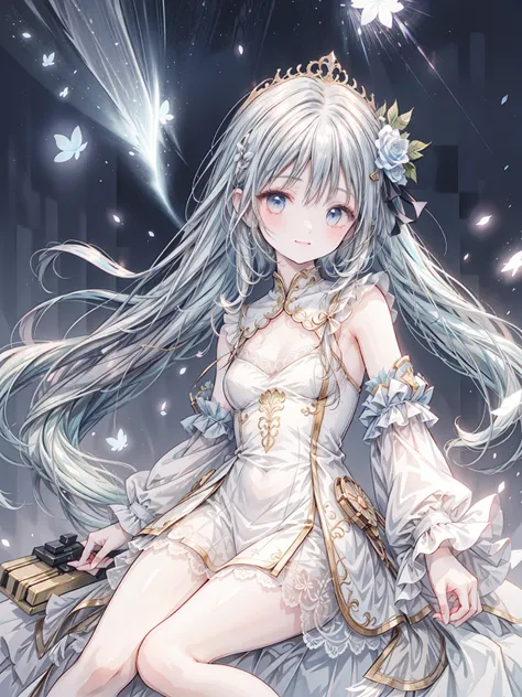 masterpiece, best quality, extremely detailed, (illustration, official art:1.1), 1 girl ,(((( light blue long hair)))), light blue hair, ,10 years old, long hair ((blush)) , cute face, big eyes, masterpiece, best quality,(((((a very delicate and beautiful ...