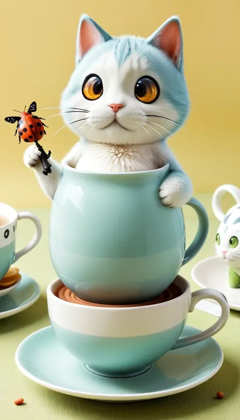 En una fiesta del te, como ocurre en Alicia y el pais de las maravillas. Asuna, con sus enormes ojos estilo anime nos observa mientras bebe te de una taza de una tetera y un platos de ceramica con forma surrealista e imposible geometricamente de gato, mien...