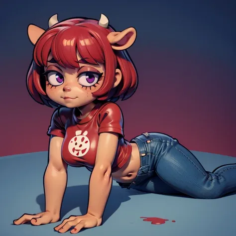 1girl, lammy, furry, red hair, short hair, horns, red shirt, dark purple eyes, tanned, blue jeans, midriff, killing lavagirl,lon...