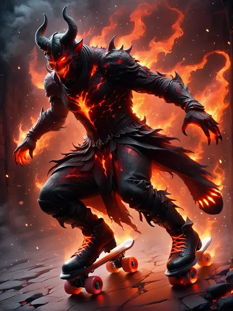 the lava demon figure skates skillfully on skates，the fiery red eyes sparkle with mischief，casts eerie shadows in dimly lit envi...