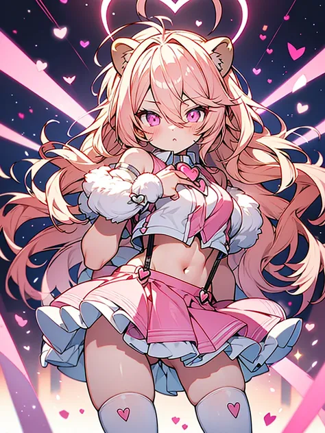 anime style,ultra hyper shota,((pink glowing heart shaped halo,Lion heart)),(bare stomach,suspender hanging stockings,very short hipbone skirt,short tops),sliver wavy long hair,