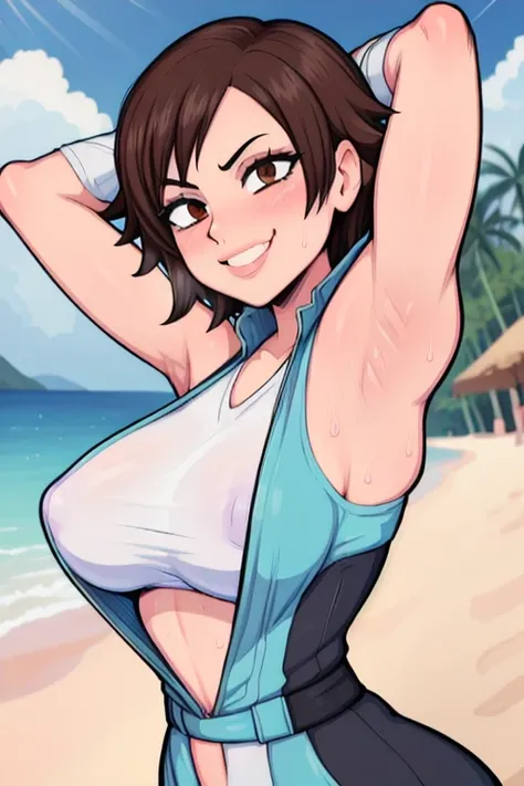 masterpiece, best quality, asuka kazama, looking at viewer, very large breasts, upper body, seductive smile,put your hands behind your head, armpits, armpits visible, sweaty armpits, backround on beach, ahegao face