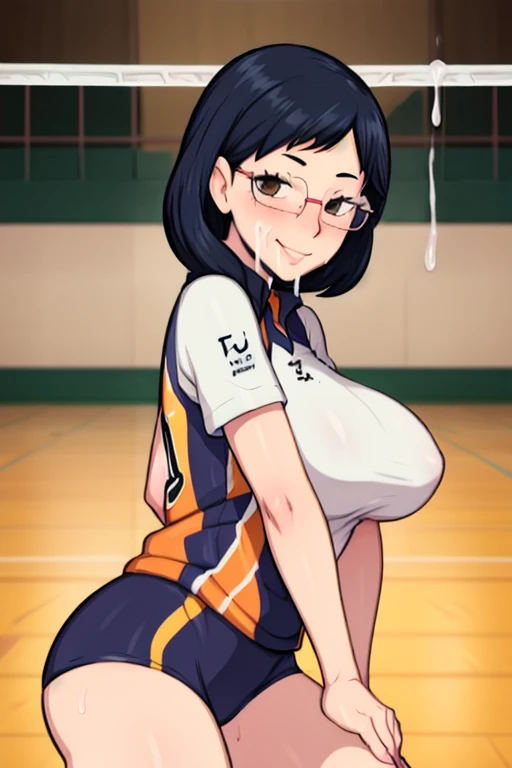 masterpiece, best quality, shimizu kiyoko, looking at viewer, cum on her face, seductive smile, volleyball uniform, large breasts, gangbang, wearing glasses