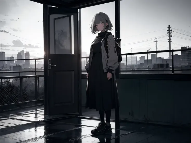 masterpiece, highest quality, High resolution, One Girl, alone, bangs， Faded tones, Monochrome, Cool girl, 長いbangs, hipster, Gray Hair, Full Body Shot, Monochrome, Detailed face, Beautiful Eyes, black, green, Large blurry background, Rooftop at dawn,  Look...