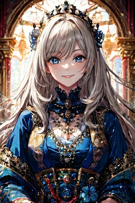 Gray Hair, Bright Blue Eyes, Woman in white dress, smile, Detailed face, high quality, Royalty, Royal princess, Elegant and pure