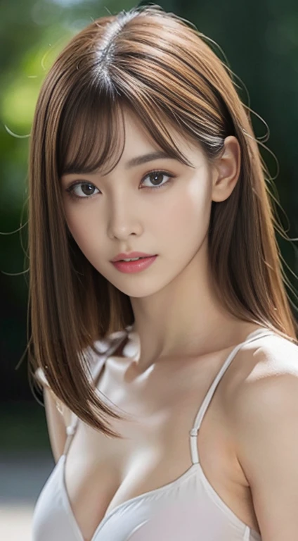 woman, Light brown hair, Blunt bangs, Hair behind the ear, Shoulder hair, Long Hair, Slim figure, Extra-fine face, thin face, Delicate lips, Beautiful eyes, Lightly reddish, eyes are light brown, Fair skin, one person, Very detailed, highest quality, High ...