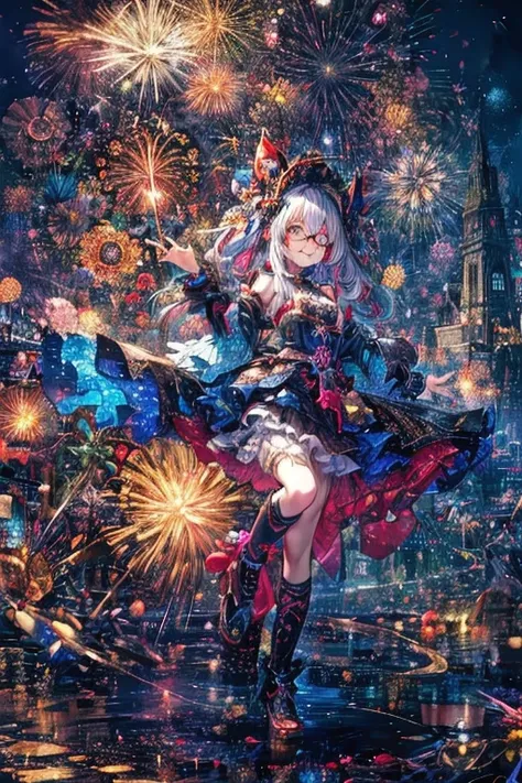 ((Fireworks Master)),Fireworks are the main focus，Fireworks display beyond imagination，An innocent smile、Glasses、never seen、Seven Colors,(One Girl, alone:1.6),(Cute Smile),(Her attire is simple), (Highest Impact:1.5), (Maximalism:1.7), Vivid contrast, (Rea...