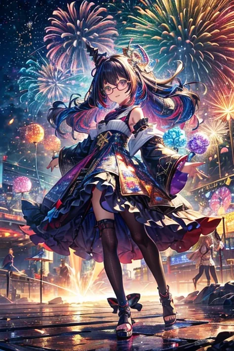 ((Fireworks Master)),Fireworks are the main focus，Fireworks display beyond imagination，An innocent smile、Glasses、never seen、Seven Colors,(One Girl, alone:1.6),(Cute Smile),(Her attire is simple), (Highest Impact:1.5), (Maximalism:1.7), Vivid contrast, (Rea...