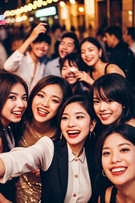 Enjoying a night out in the city, she takes a group selfie with her friends. They’re all dressed in stylish, contemporary fashion, their faces alight with laughter and happiness. The city’s night scene, with its illuminated streets and bustling atmosphere,...