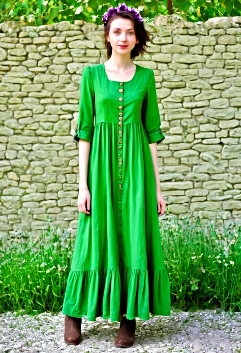 a Green Dress with buttons and a flower next to it, Green Dress, casual Green clothes, full body Green Dress, light Green Dress, Long dress female, Green clothes, Peasant suit, Long dress, tattered Green Dress, Olive Green, Dark Green, Green clothes, vinta...