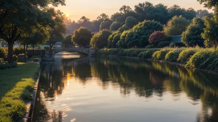 a beautiful sunset at riverside with greenery and garden