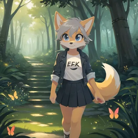 source_furry, furry fox girl, 1girl with (gray hair and gray skin and gray fur), wearing a black denim jacket and a white t-shirt, wearing a pleated black skirt, outside in a magical forest with butterflies