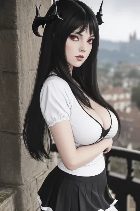 masterpiece, gothic aesthetic, dream atmosphere, ultra realistic, 16k, best quality, absurdres, perfect anatomy, 1girl, goth brunette, voluminous silky hair, goth makeup, bright red eyes (intense look), pale-white skin (highlighted), realistic shading, sol...